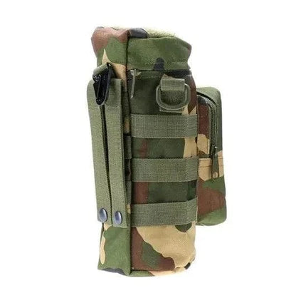 Tactical water bottle carrier with camouflage design and MOLLE system integration for outdoor adventures.