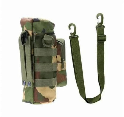 Tactical Water Bottle Carrier with camouflage design and detachable strap.