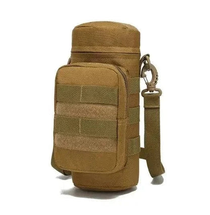 Tactical water bottle carrier with MOLLE integration, camouflage design, durable 600D nylon, zip-top closure, and detachable strap.