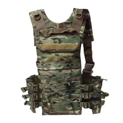 Tactical MOLLE Chest Rig with hydration carrier and rapid access pouches.