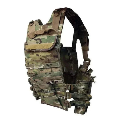 Tactical MOLLE chest rig with hydration carrier, rapid access pouches, and adjustable straps.