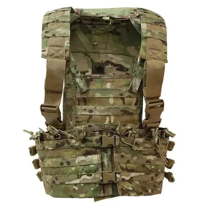 Tactical MOLLE chest rig with adjustable straps, rapid access pouches, and hydration carrier.