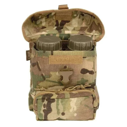 Valhalla MOLLE Minimi Pouch in Australian MultiCam pattern, showcasing lightweight, durable design with two flasks inside, ideal for tactical gear storage.