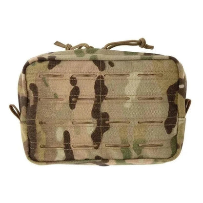 Camouflage Tactical Pouch by Valhalla with dual zipper pulls and MOLLE clips for versatile storage.