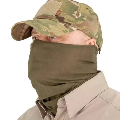 Face Wrap by Valhalla in use as neck and face cover, olive drab color.