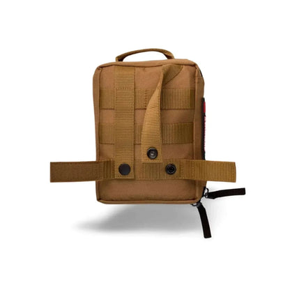 Compact brown survival first aid kit for snake bites, featuring durable design and attachment straps, essential for outdoor safety.