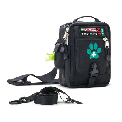 SURVIVAL Best Pet First Aid Kit with belt attachment and shoulder strap, eco-friendly waste bags, treat pouch, and first aid supplies.