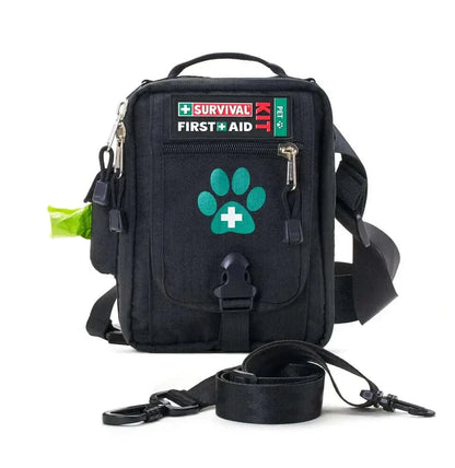 SURVIVAL Best Pet First Aid Kit with paw print, portable design, eco-friendly bags, waist and shoulder straps.