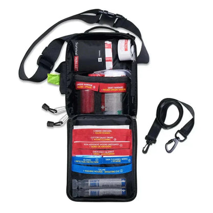Portable SURVIVAL Best Pet First Aid Kit with essential tools, eco-friendly waste bags, snacks pouch, and versatile carrying options.