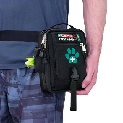 Portable SURVIVAL Best Pet First Aid Kit attached to waist, features easy access to lifesaving tools for pets.