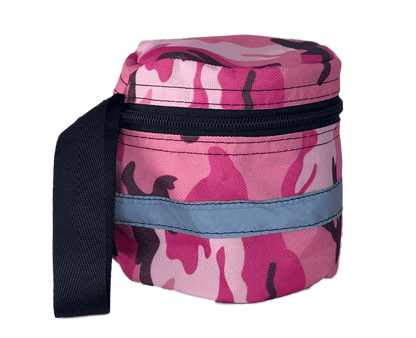 Durable pink nylon toilet roll holder with wristband and reflective tape.