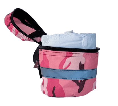 Durable water-resistant nylon toilet roll storage with wristband and reflective tape.