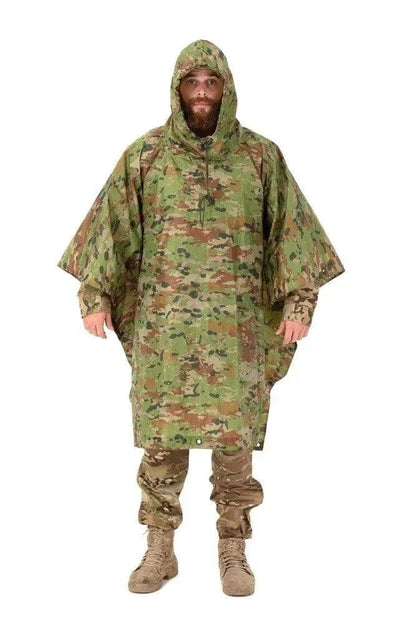 Camouflage Poncho Raincoat with hood and snap closures.