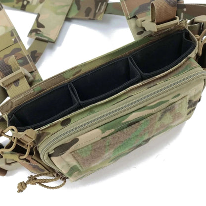Chest Rig Tactical Airsoft with Camo X-Strap and pouches, ideal for outdoor activities and military simulation.