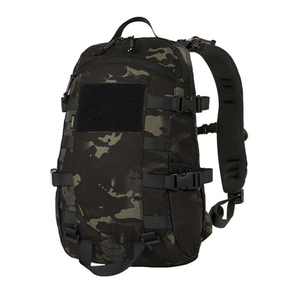 Camouflage Tactical MOLLE Backpack with multiple compartments and hydration system for outdoor activities.