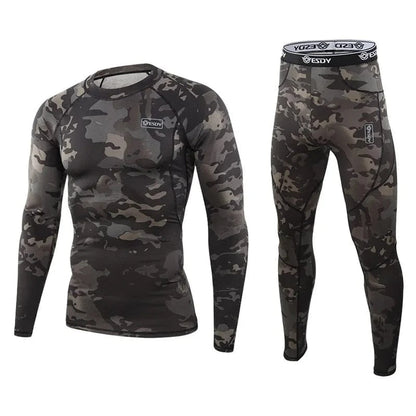 Men's thermal underwear set in camouflage, designed for warmth, moisture-wicking, and flexibility outdoors.