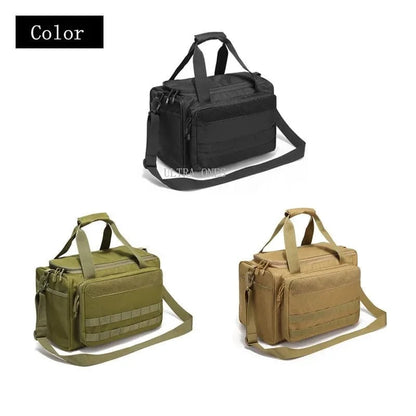 Tactical Range Bag in black, green, and tan; durable Oxford nylon, MOLLE system, adjustable straps.