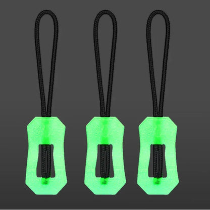 Glow-in-the-Dark Zipper Pulls in green with black loops for enhanced nighttime visibility.