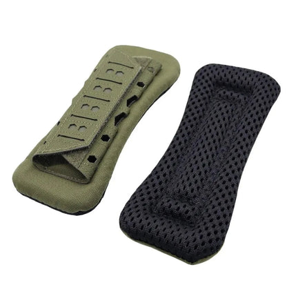 Laser-cut shoulder strap pads made of nylon and breathable mesh, providing enhanced comfort and durability for outdoor gear.