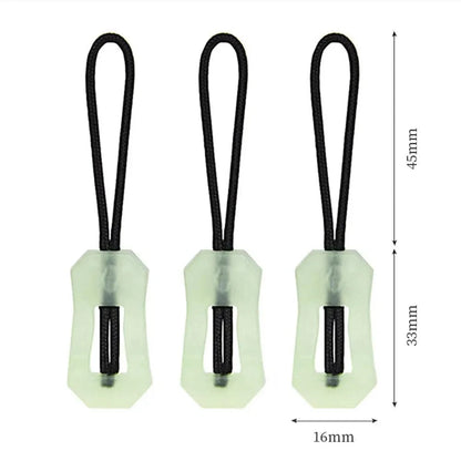 Versatile glow-in-the-dark zipper pulls with dimensions, durable plastic, safety and convenience for outdoor gear.