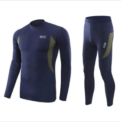 Men's thermal underwear set in navy with green accents, designed for outdoor and military use.