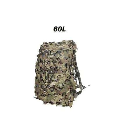 3D Camo Net Backpack Cover for 60L, laser-cut durable design for hunting and outdoor stealth.