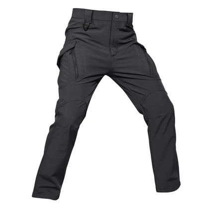 Men's tactical hiking pants, black, waterproof, windproof, multiple pockets, lined with fleece for cold-weather protection.