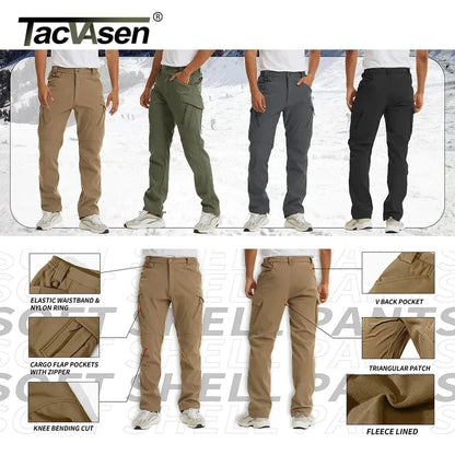 Men's tactical hiking pants in various colors; features include elastic waistband, cargo pockets, knee bending cut, and fleece lining for cold weather protection.