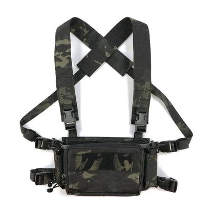 Tactical airsoft chest rig with camo X-straps designed for military simulation and outdoor activities.