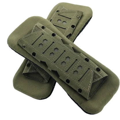 Laser-cut shoulder strap pads in olive green for comfort and durability on outdoor gear.