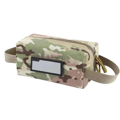 Compact tactical tool bag with camouflage pattern, featuring zipper closure and patch panel.