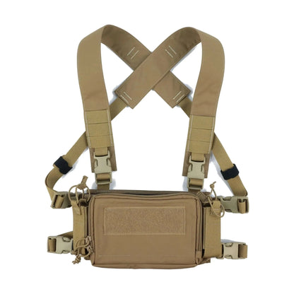Chest Rig Tactical Airsoft with Camo X-Strap, durable fabric and multiple pouches, ideal for Milsim and outdoor activities.