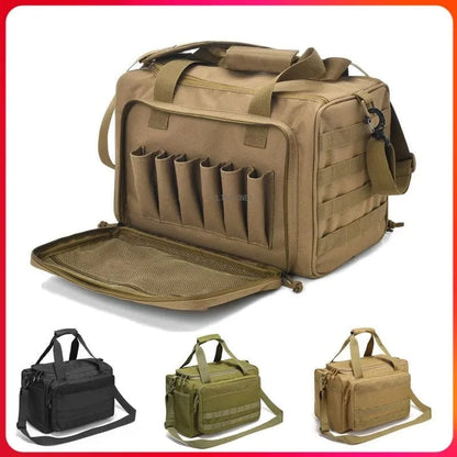 Tactical Range Bag in tan with MOLLE system, waterproof Oxford nylon, and adjustable compartments, available in multiple colors.