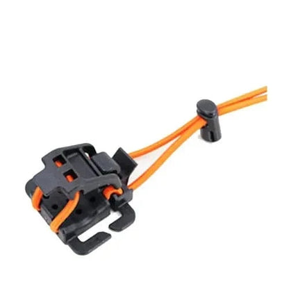 Multi-purpose MOLLE webbing buckle clip with orange cord for securing tactical gear.