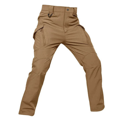 Men's tactical cargo hiking pants, fleece-lined for winter adventures, featuring waterproof and windproof design with multiple pockets.