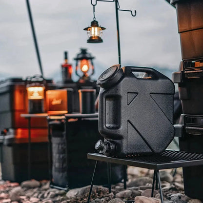 Ultimate Portable Water Container for camping, sleek black, 10L capacity, durable design.