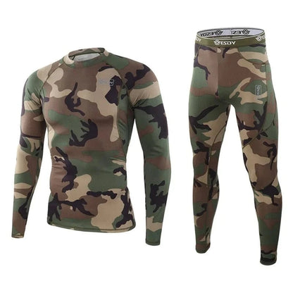 Camouflage thermal underwear set for men with superior warmth and flexibility.