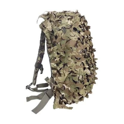 3D Camo Net Backpack Cover on a backpack, ideal for 60L-80L, showcasing realistic camouflage with durable, breathable material for outdoor use.