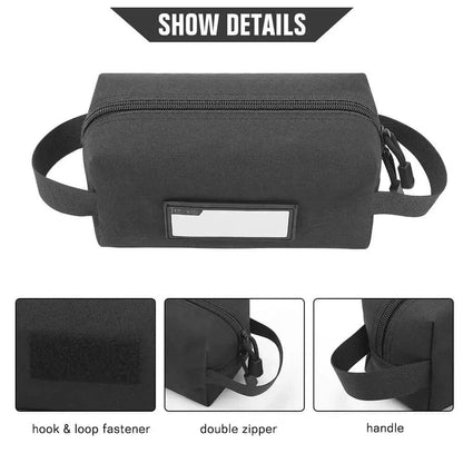 Compact Tactical Tool Bag with durable exterior, hook and loop fastener, double zipper, and convenient handle.