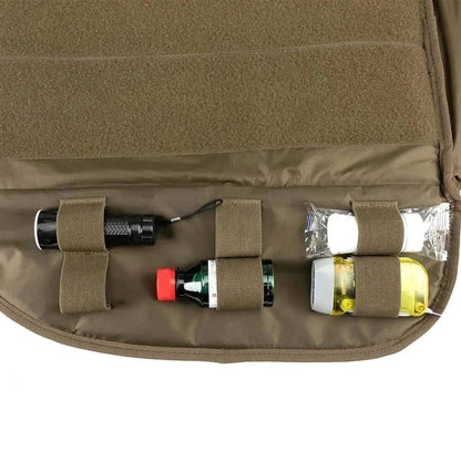 Internal view of a medical backpack showing organized compartments with survival supplies.