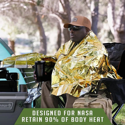 Thermal blanket for outdoor adventures and emergencies, retains body heat, designed for NASA.