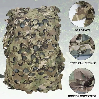 3D Camo Net Backpack Cover for 60L-80L backpacks, featuring laser-cut design with bionic camouflage, breathable polyester cotton material, and easy assembly for outdoor adventures.