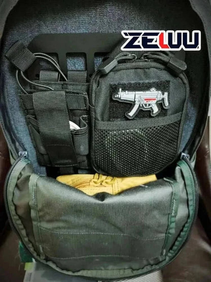 Backpack with MOLLE panel organizer, showcasing tactical pouches and compartments for outdoor and everyday carry gear.