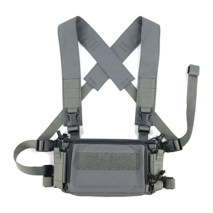 Chest Rig Tactical Airsoft with Camo X-Strap, military-grade, quick-release, multiple pouches, adjustable, durable fabric.