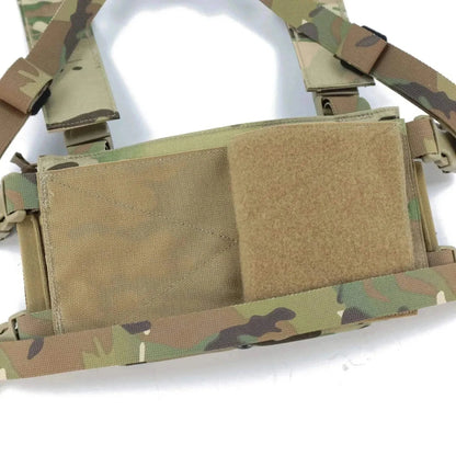 Camo X-Strap chest rig for tactical airsoft, featuring durable material and multiple pouches for gear storage.