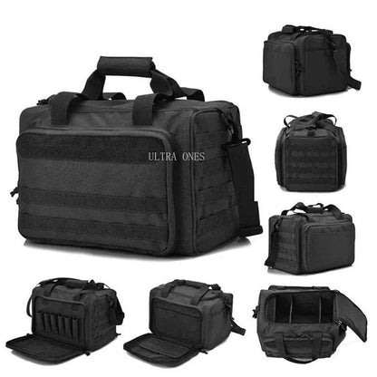Tactical Range Bag in black with MOLLE system, waterproof nylon, and versatile compartments for outdoor activities.