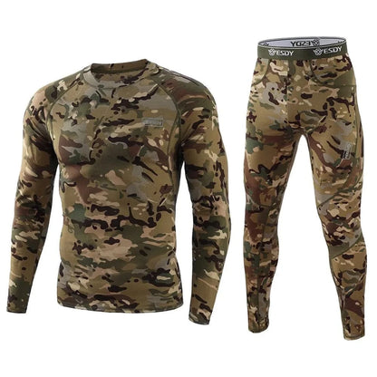 Camo thermal underwear set for men, offering superior warmth, moisture-wicking, and flexibility for outdoor and military activities.