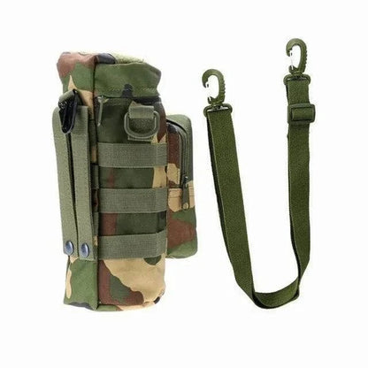 Tactical Water Bottle Carrier with camouflage design and detachable strap.