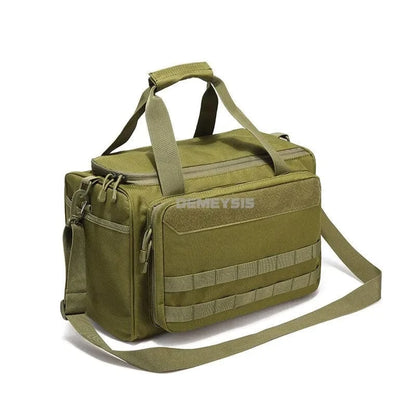 Durable green tactical range bag with adjustable strap and MOLLE system, ideal for outdoor adventures.