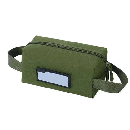 Compact tactical tool bag in green with zipper closure and ID patch area for outdoor gear organization.